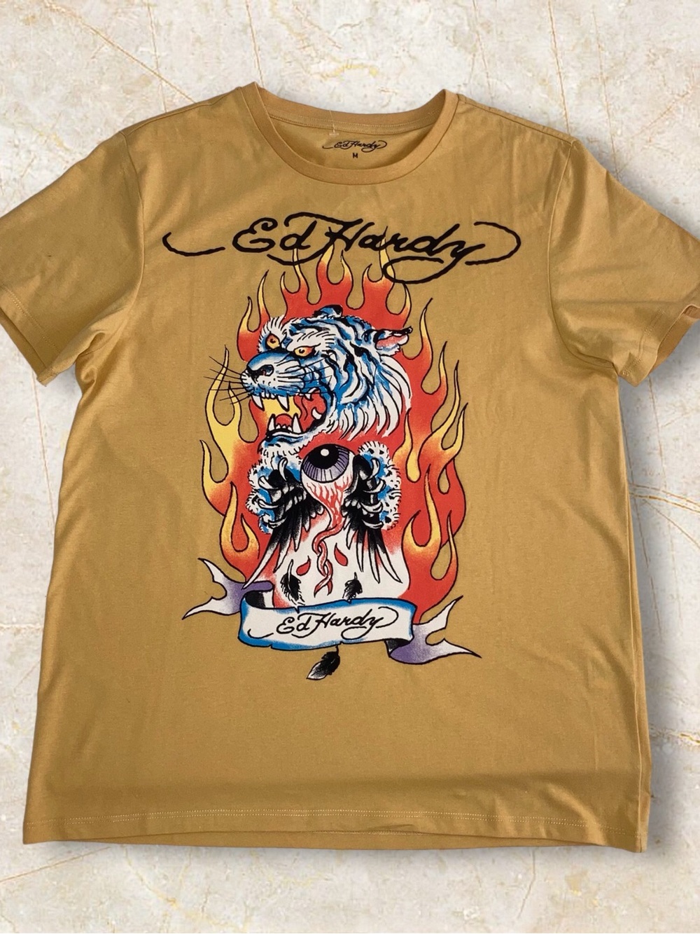 Ed Hardy Men’s Mustard Graphic Tee with Tiger Flame Design Size M